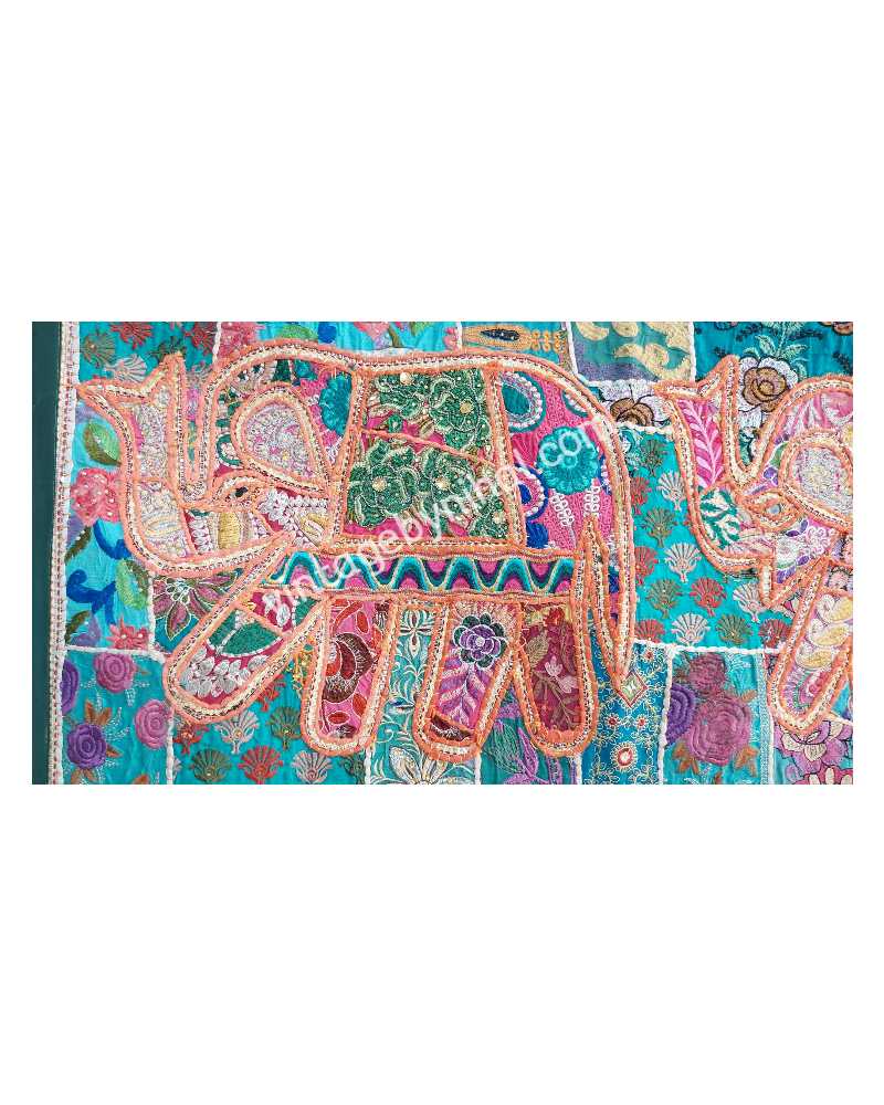 Teal Blue Saree Patchwork ELEPHANT FAMILY Tapestry 